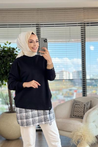 10572 Etek Ucu Kare Desen Parçalı Tunik Siyah