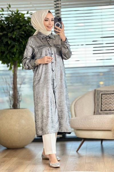1058 Yaldızlı Taş Detaylı Tunik Gümüş