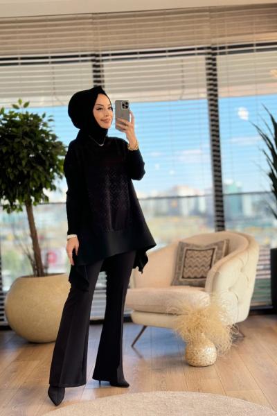10580 Kendinden Geometrik Desenli Tunik Siyah