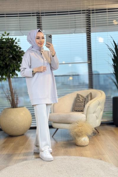 10603 Osyho Kapşonlu Payı Çıtçıtlı Tunik Gri