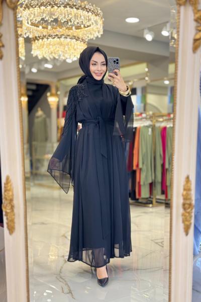 10611 Sol Omuz Çiçek Boncuk İşli 2li Takım Siyah