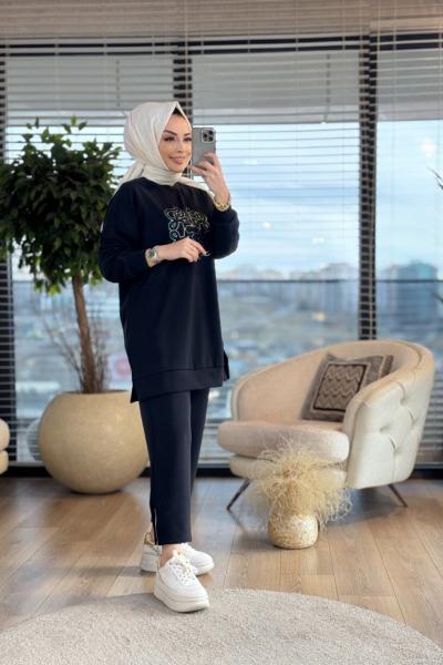 10612 Ön Kabartma Motif İşli Tunik Siyah