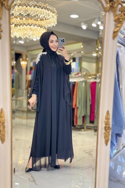 10614 Üst Şifon Omuzları Taş İşli 2li Takım Siyah