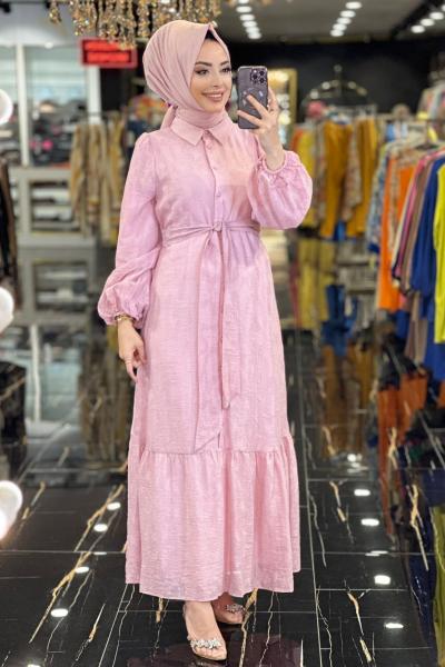 1062 Kendinden Yaprak Desenli Elbise Gül