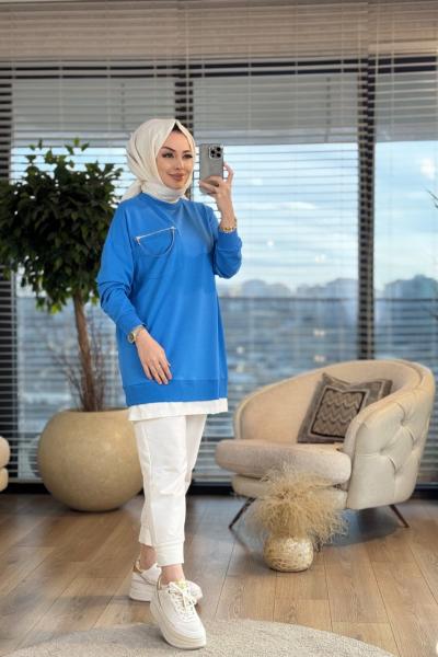 10620 Etek Ucu Parçalı Cebi Fermuarlı Tunik Mavi