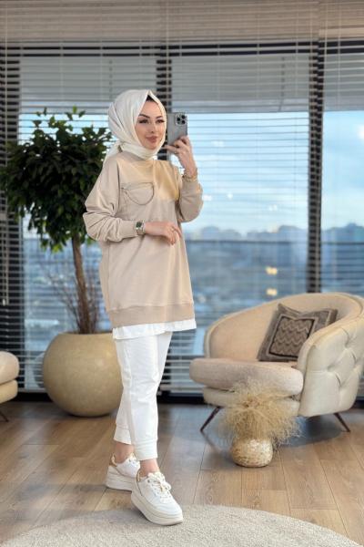 10620 Etek Ucu Parçalı Cebi Fermuarlı Tunik Bej