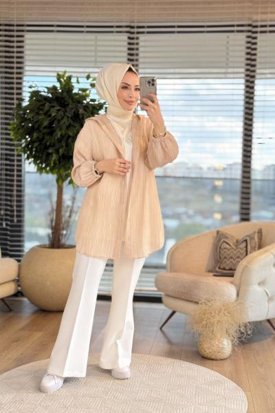 10626 Üst Gofre Kap İçi Bluzlu 2li Takım Bej