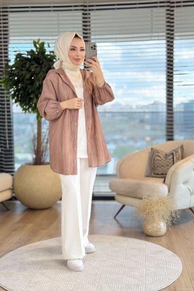 10626 Üst Gofre Kap İçi Bluzlu 2li Takım Vizon