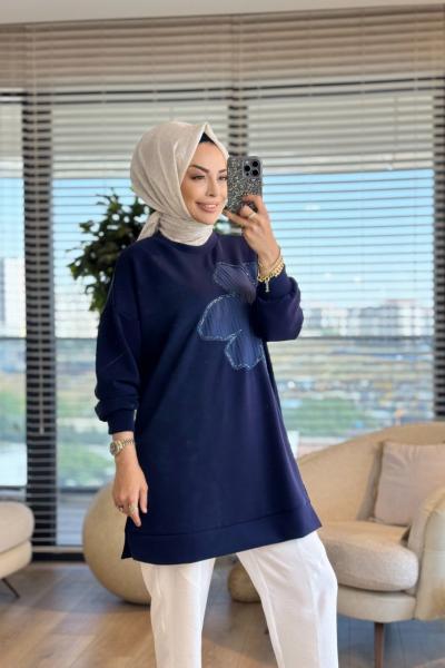 10627 Sağ Göğüs Çiçek İşli Tunik Lacivert