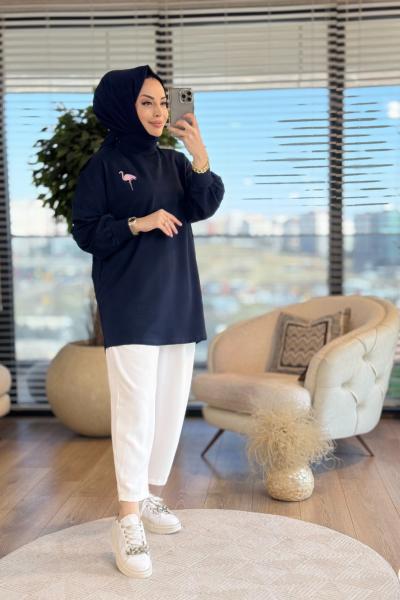 10630 Arkası Flamingo İşli Tunik Lacivert