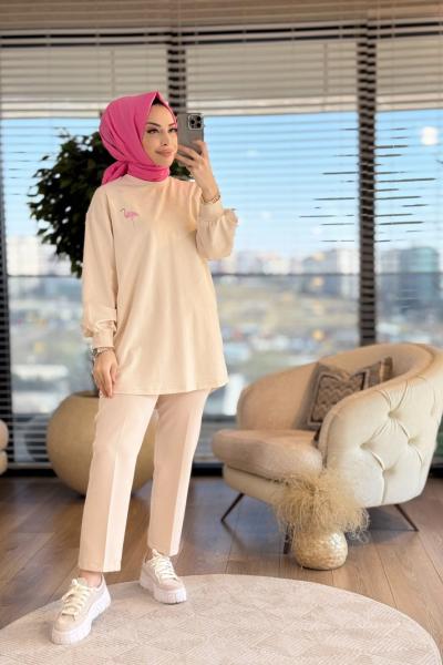 10630 Arkası Flamingo İşli Tunik Bej