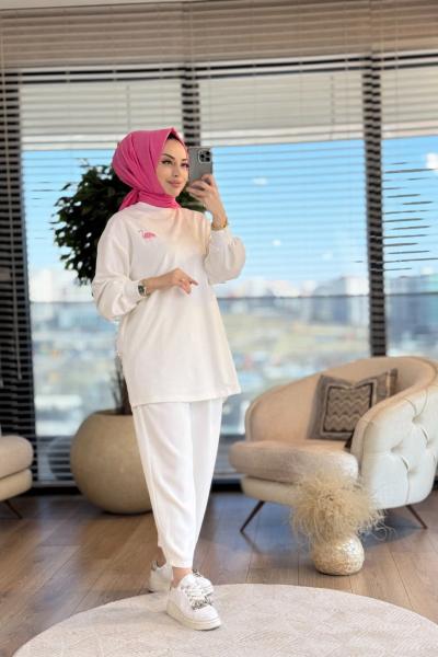 10630 Arkası Flamingo İşli Tunik Ekru