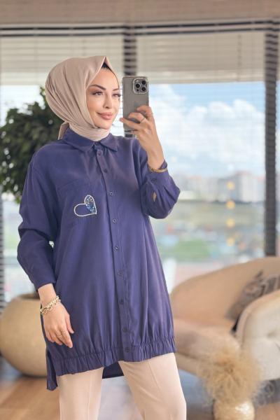 10633 Cep Kalp Boncuk İşli Gömlek Lacivert