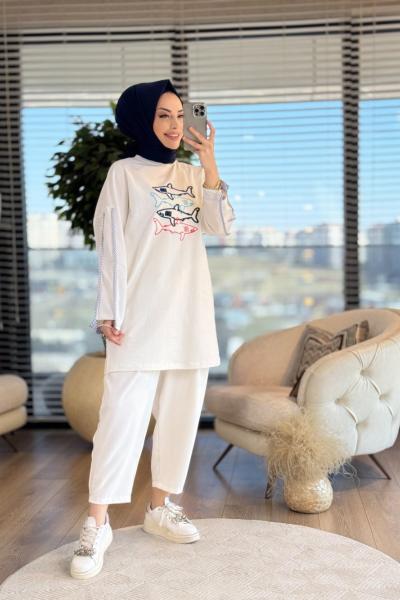 10640 Önü Balık İşli Tunik Ekru