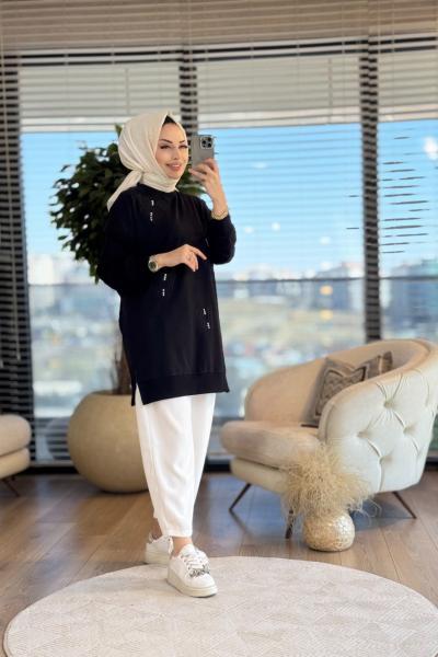 10648 Önü Kelebek Nakışlı Tunik Siyah
