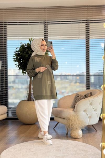 10648 Önü Kelebek Nakışlı Tunik Haki