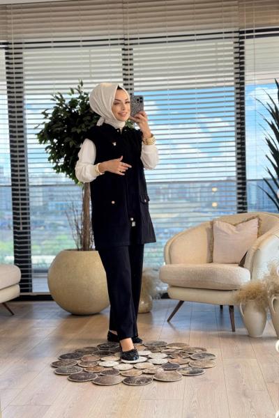 10664 Yanı Düğmeli 3lü Yelekli Takım Siyah