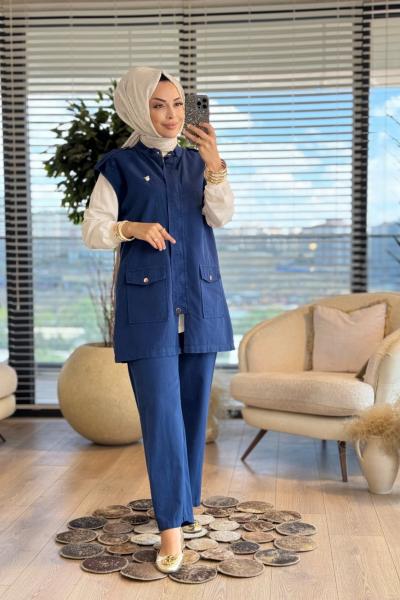 10664 Yanı Düğmeli 3lü Yelekli Takım Lacivert
