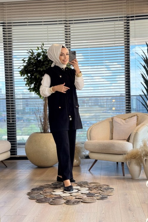 10664 Yanı Düğmeli 3lü Yelekli Takım Siyah