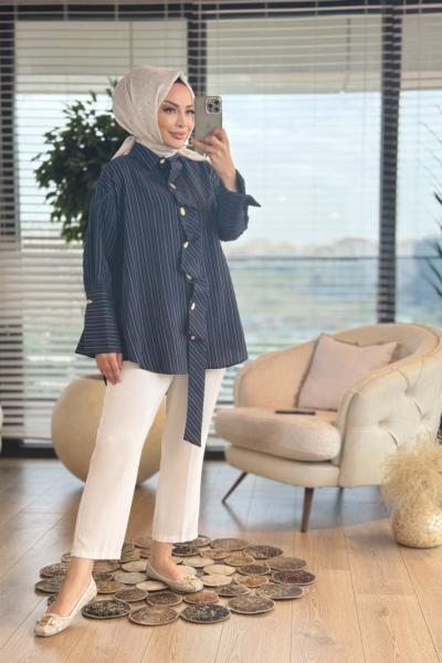 10683 Çizgili Kalın Manşetli Gömlek Lacivert