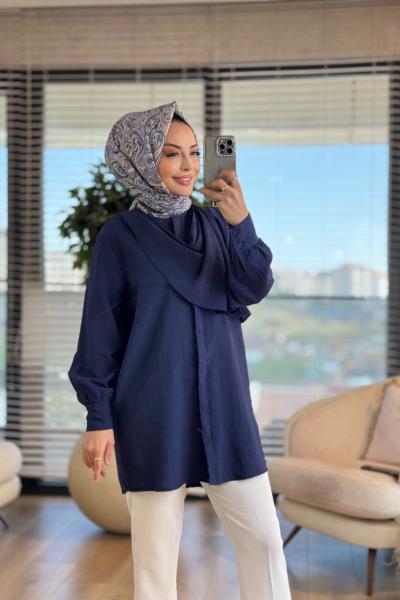 10689 Yakası Şal Parçalı Gömlek Lacivert