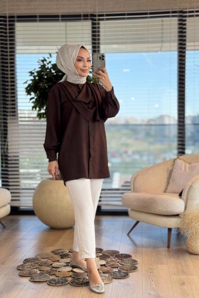 10689 Yakası Şal Parçalı Gömlek Kahve