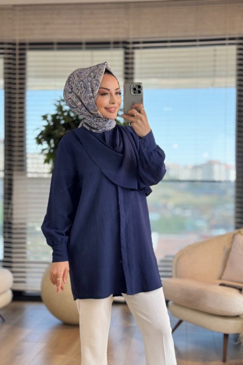 10689 Yakası Şal Parçalı Gömlek Lacivert