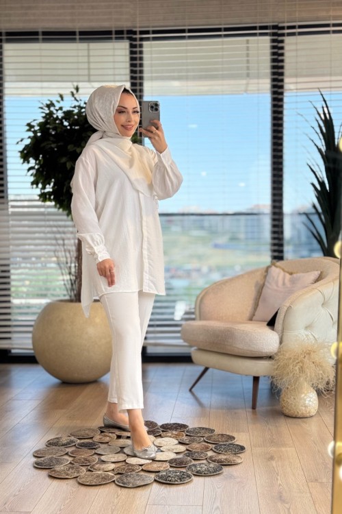 10689 Yakası Şal Parçalı Gömlek Ekru