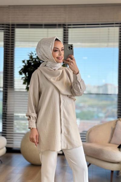 10689 Yakası Şal Parçalı Gömlek Taş