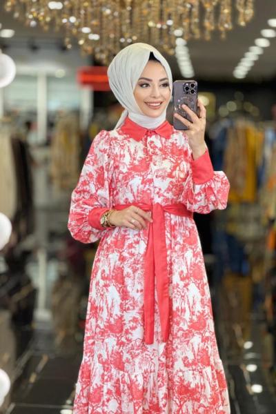 1069 Desenli Eteği Garnili Elbise Mercan