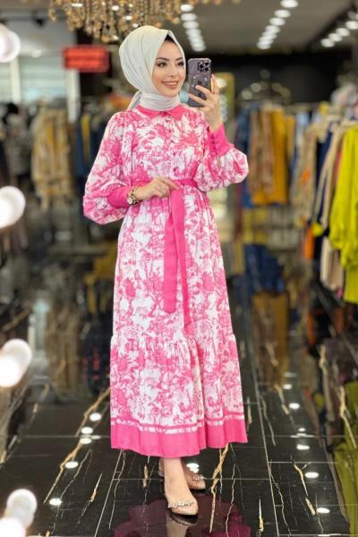 1069 Desenli Eteği Garnili Elbise Fuşya