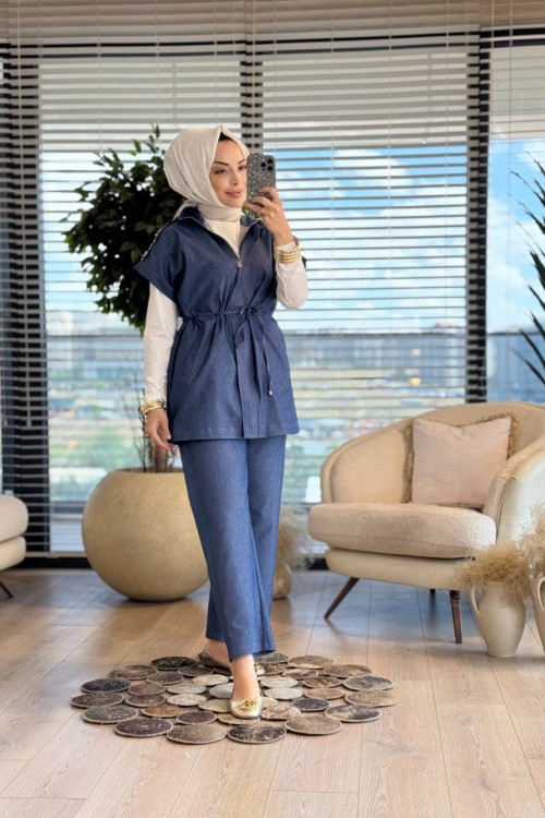 10703 Apoleti Taşlı Tencel Yelekli Takım Lacivert