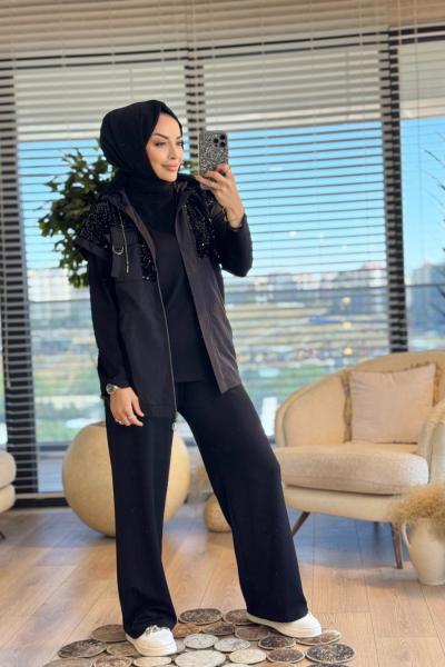 10706 Yeleği Pul İşlemeli 3lü Takım Siyah