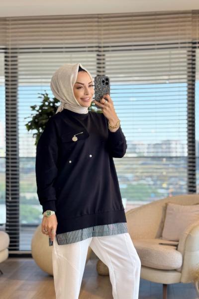 10720 Etek Ucu Çizgi Parçalı Tunik Siyah