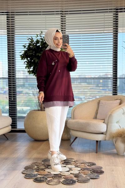 10720 Etek Ucu Çizgi Parçalı Tunik Bordo