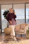 10725 Çizgili Gömlek Üstü Bluzlu Tunik Mürdüm