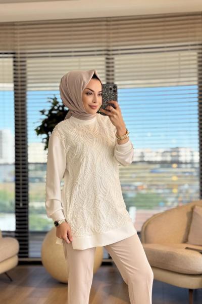 10726 Ön Sutaşlı Tunik Ekru