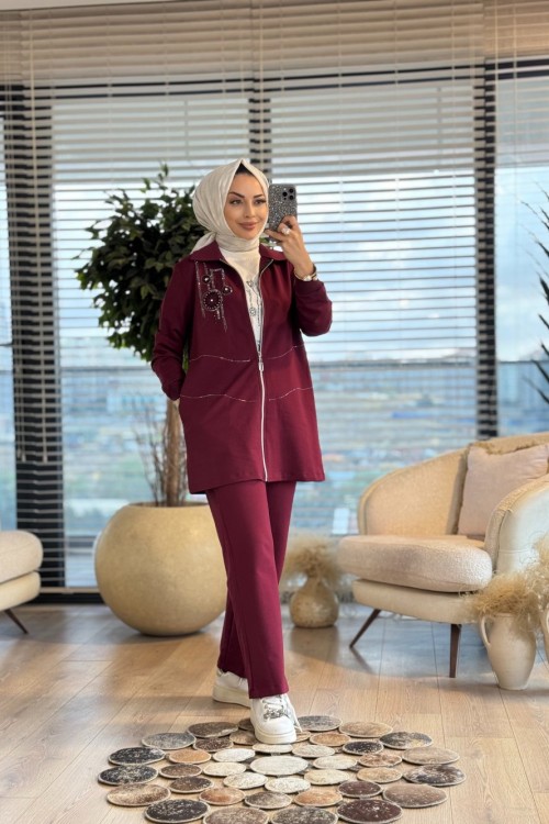 10727 Taş Arma Baskılı Üçlü Takım Bordo