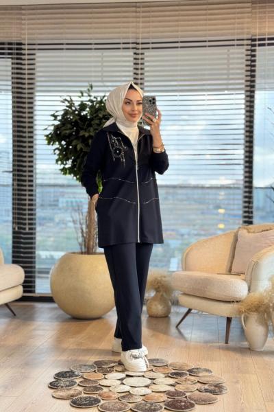 10727 Taş Arma Baskılı Üçlü Takım Lacivert