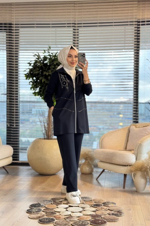 10727 Taş Arma Baskılı Üçlü Takım Lacivert