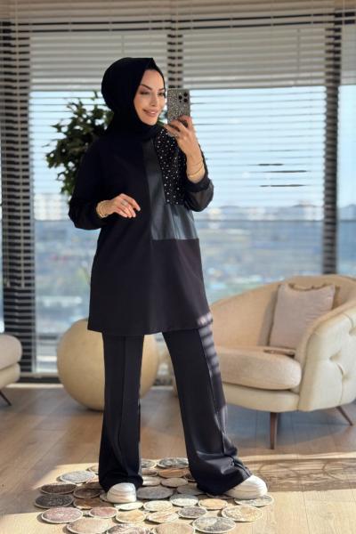 10738 Sağ Taraf Taş Baskılı Ve Derili Tunik Siyah