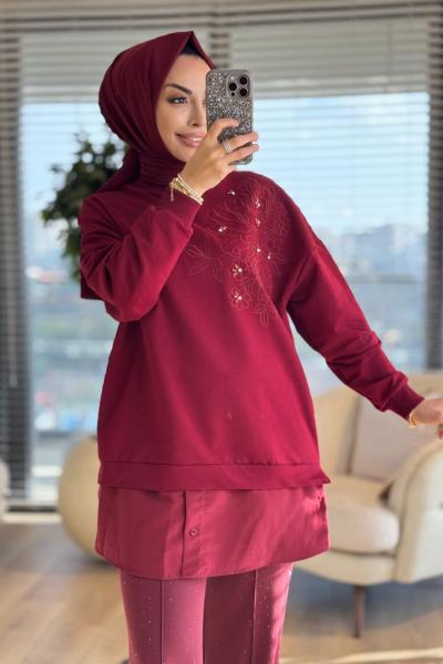 10739 Sağ Omuz Nakış Ve Taş İşlemeli Tunik Bordo