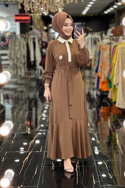 1074 Yaka Ve Patı Garnili Elbise Kahve