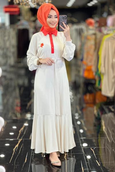 1074 Yaka Ve Patı Garnili Elbise Bej