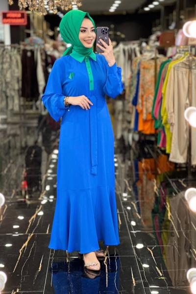 1074 Yaka Ve Patı Garnili Elbise Saks