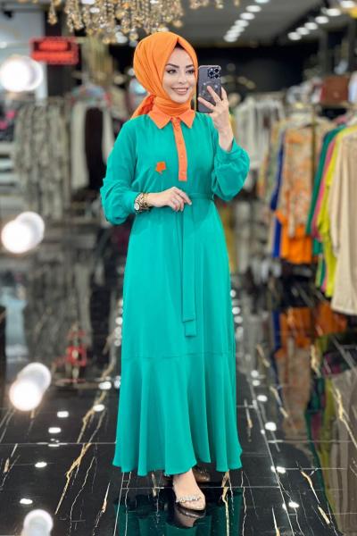 1074 Yaka Ve Patı Garnili Elbise Benetton