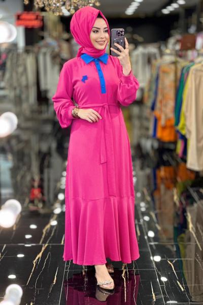 1074 Yaka Ve Patı Garnili Elbise Fuşya