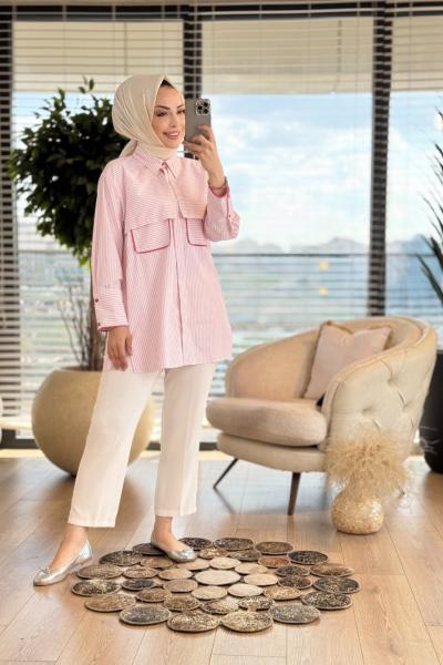 10742 Enine Çizgi Üstü Serpme Taşlı Gömlek Pembe