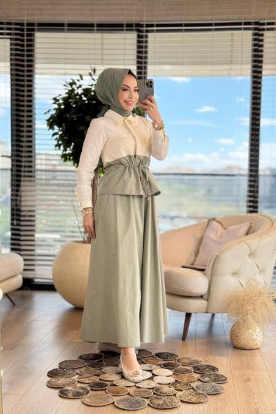 10750 Ön Hasır Parçalı Beli Bağcıklı Takım Haki