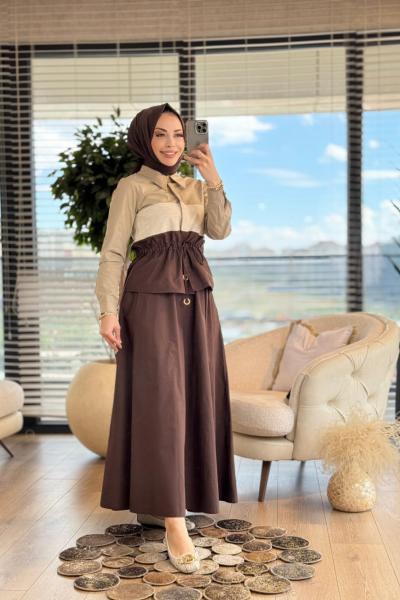 10750 Ön Hasır Parçalı Beli Bağcıklı Takım Kahve